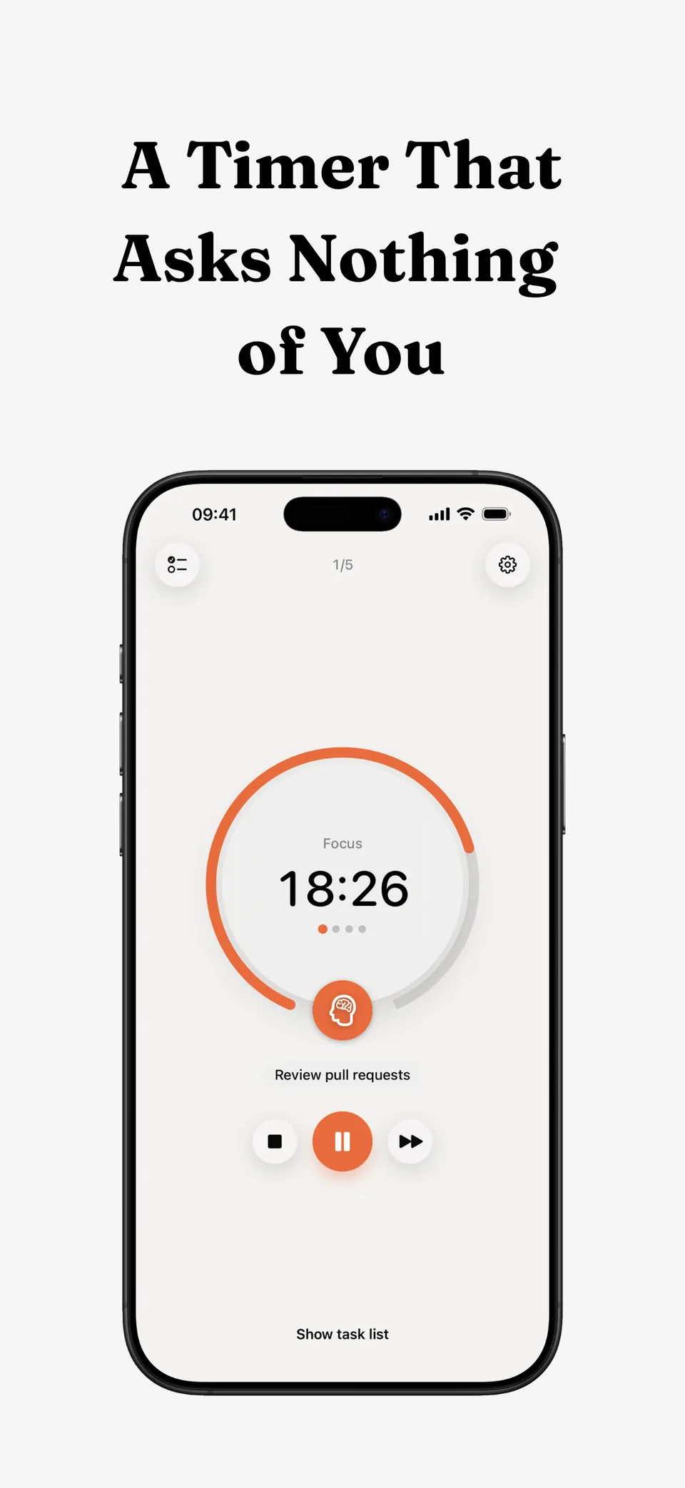 “A timer that asks nothing of you” — a focus session running in Lumiri Focus