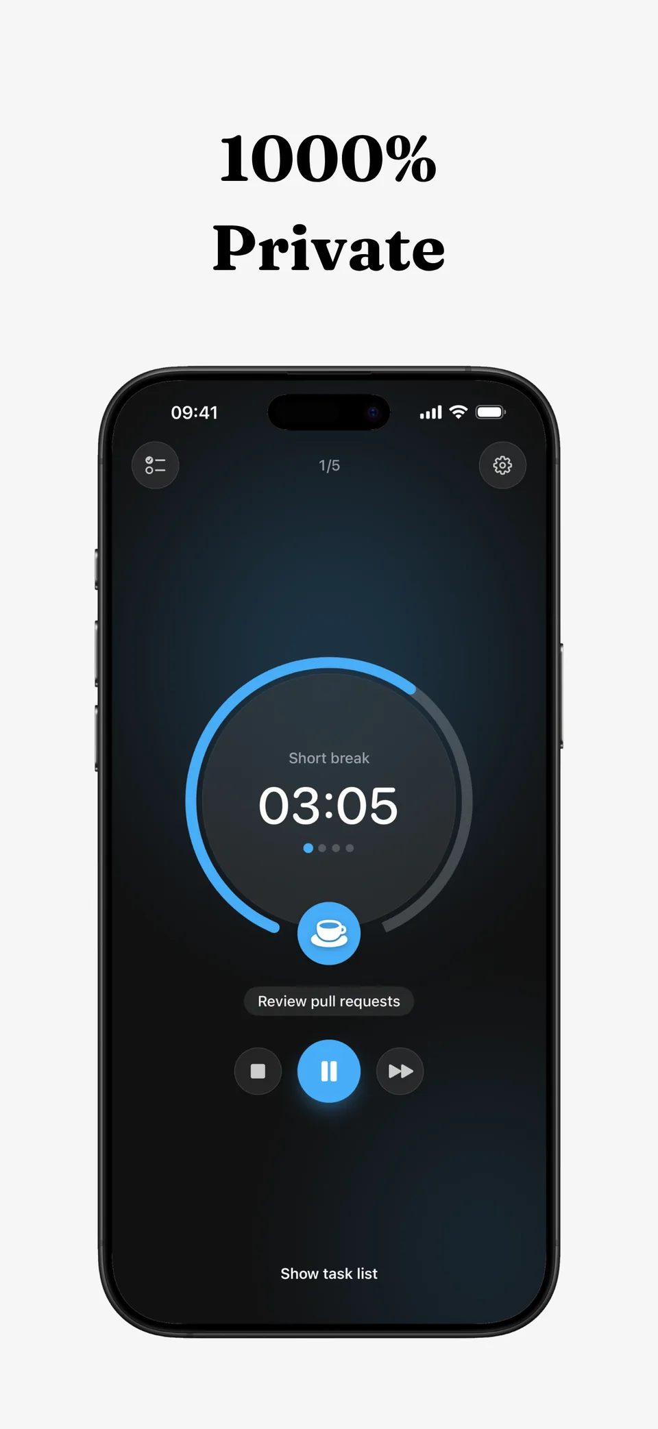 “1000% private” — Lumiri Focus on a short break, in dark mode