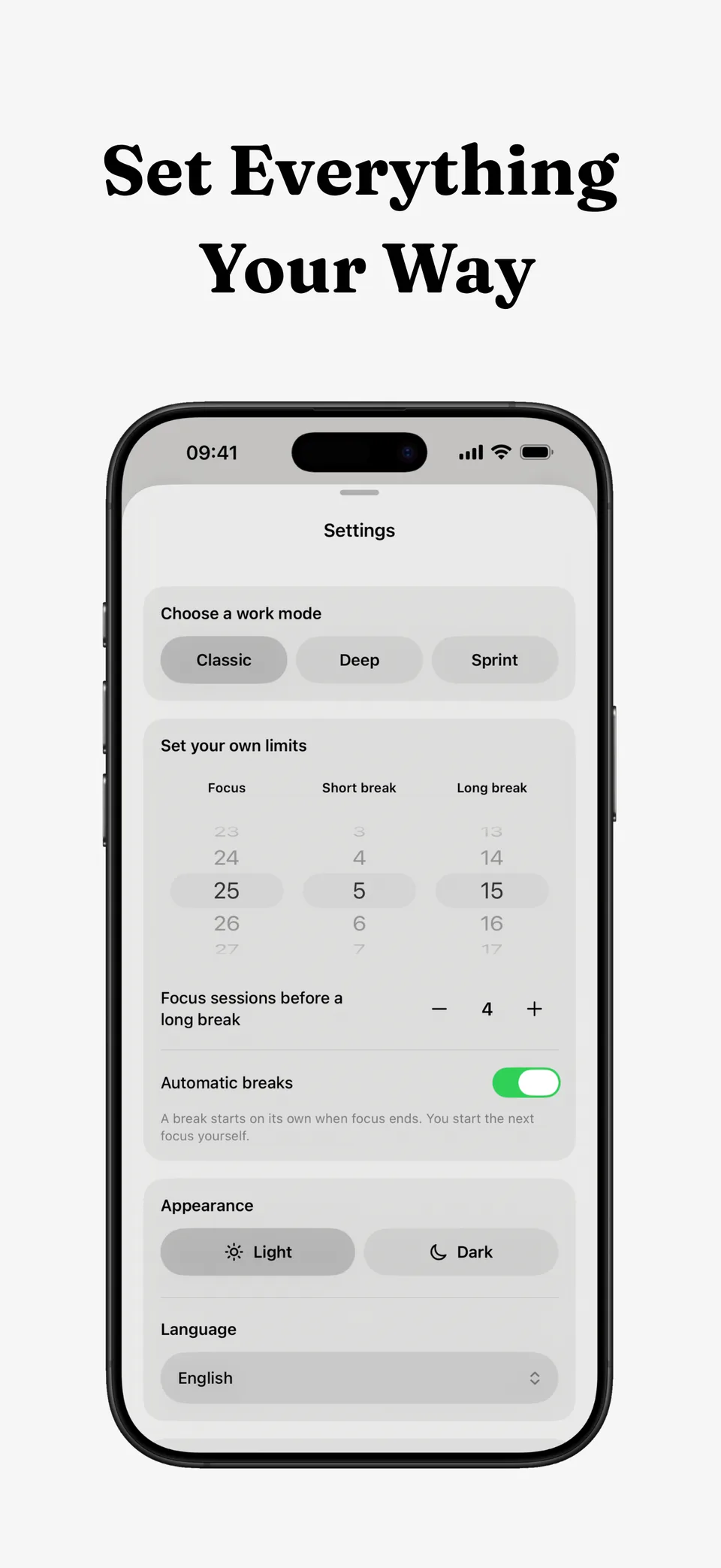 “Set everything your way” — the Lumiri Focus settings screen