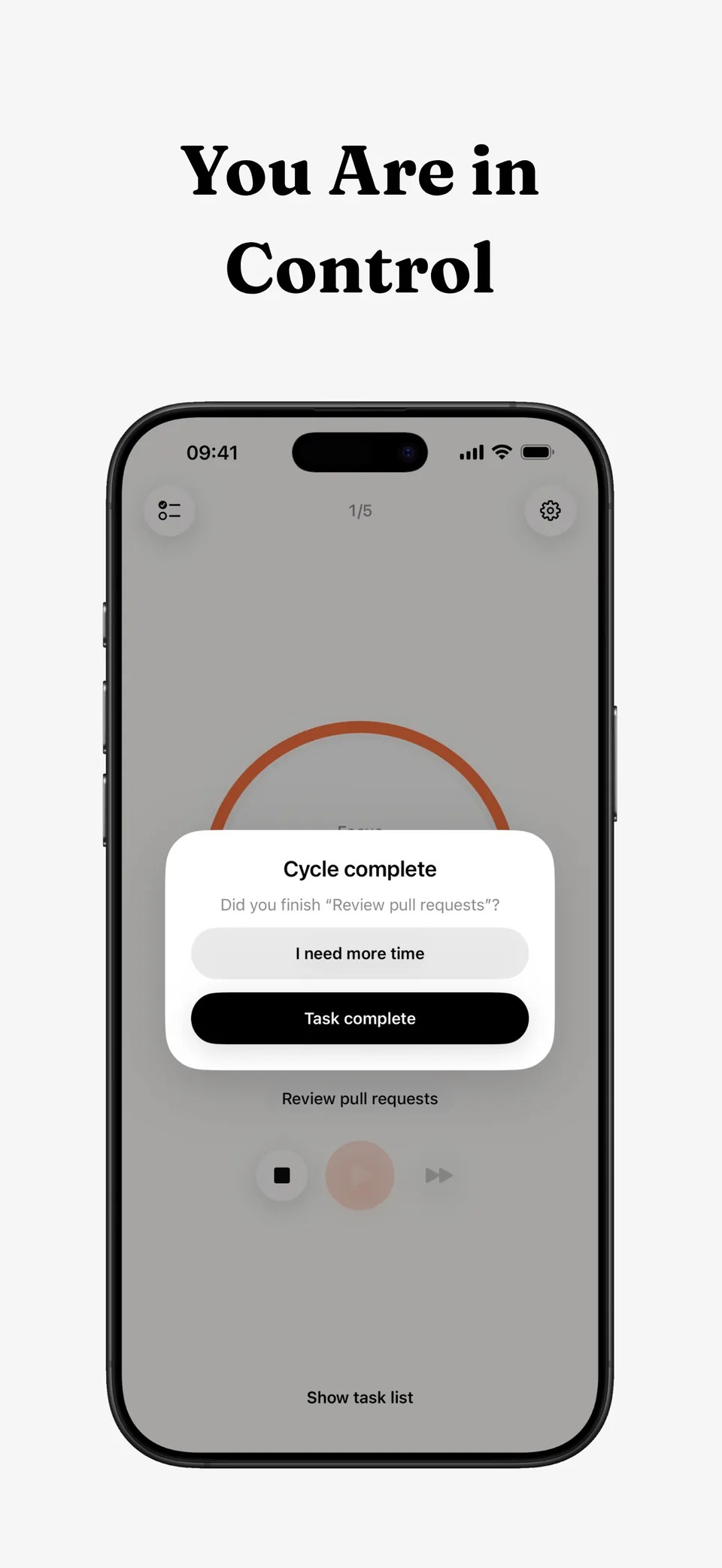 “You are in control” — the end-of-cycle prompt in Lumiri Focus