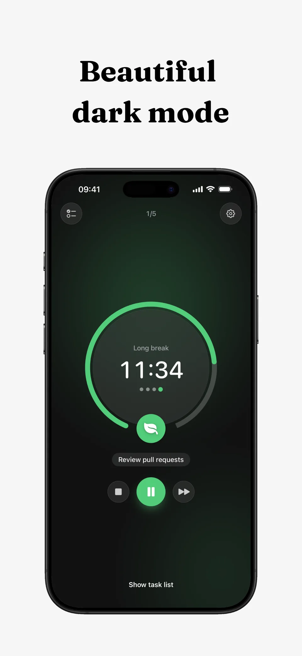 “Beautiful dark mode” — Lumiri Focus on a long break, in dark mode
