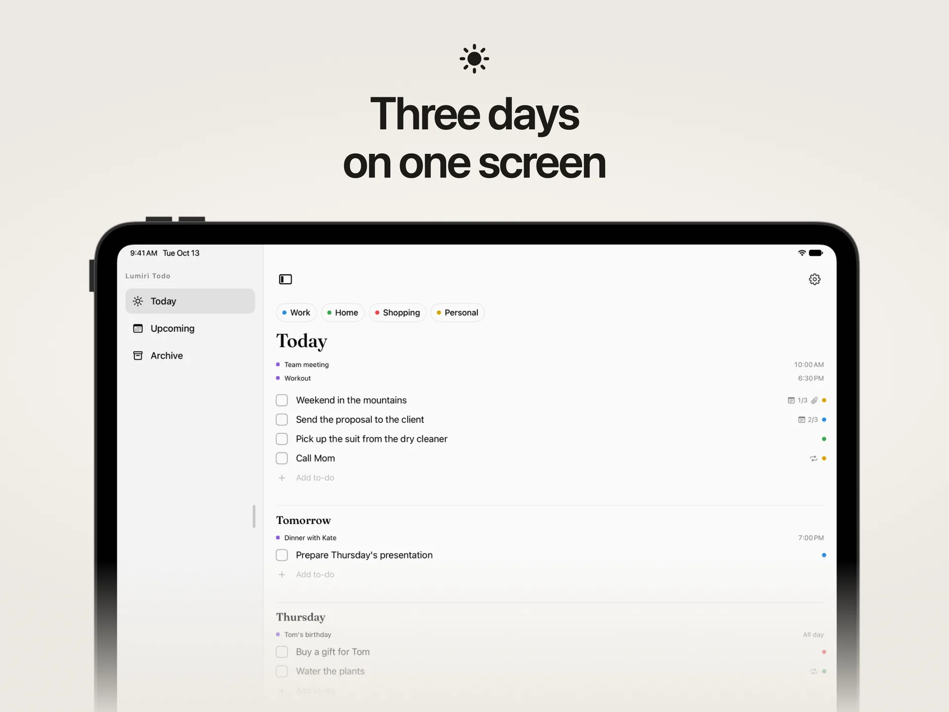 The Today list in Lumiri Todo on an iPad, showing today, tomorrow and Thursday on one screen