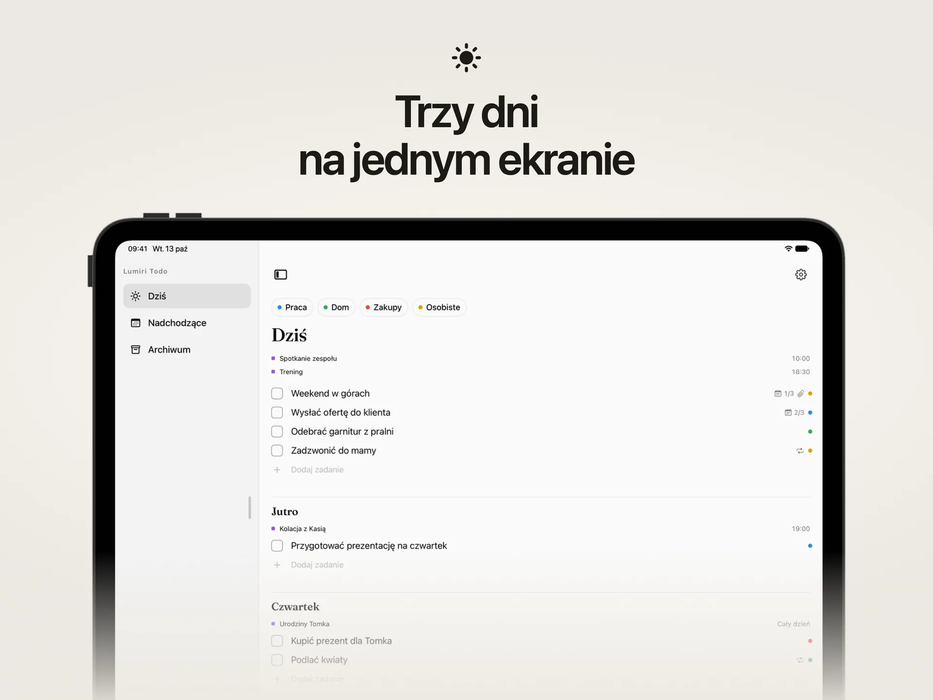 Lista Dziś w Lumiri Todo na iPadzie, z dzisiejszym dniem, jutrem i czwartkiem na jednym ekranie