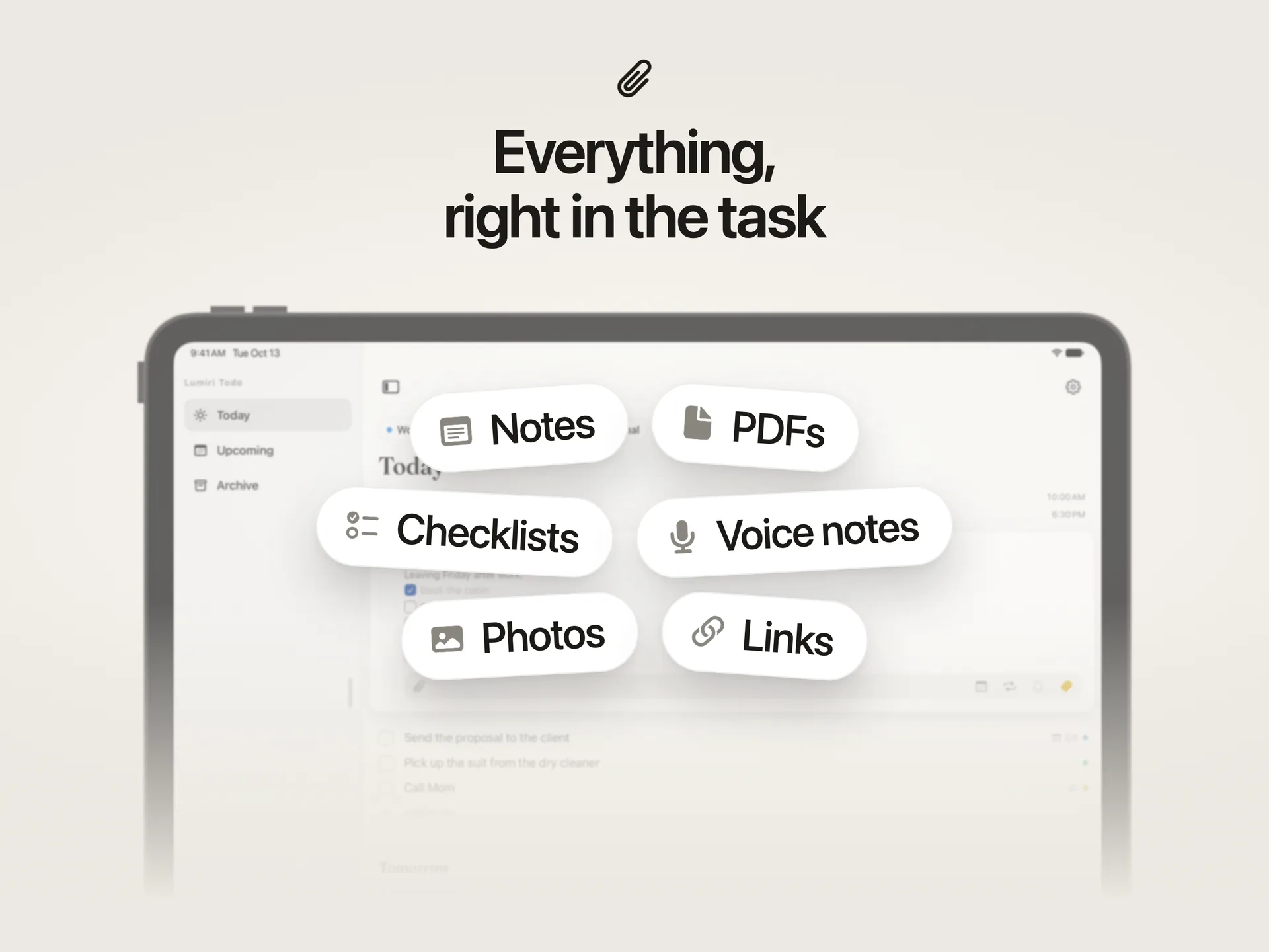 What a task in Lumiri Todo on an iPad can hold: notes, checklists, photos, PDFs, voice notes, links and reminders