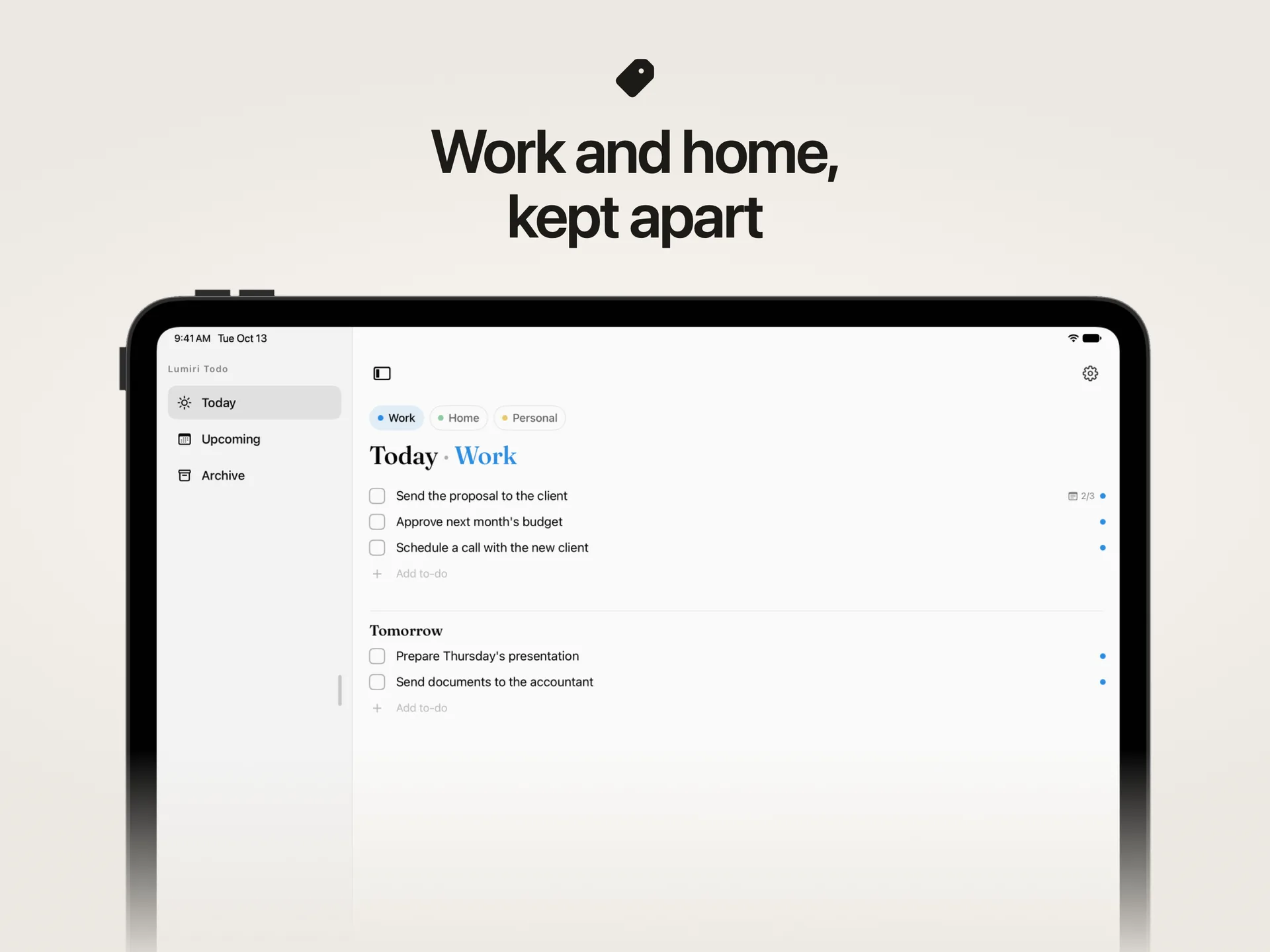 The Today list in Lumiri Todo on an iPad narrowed to the Work category