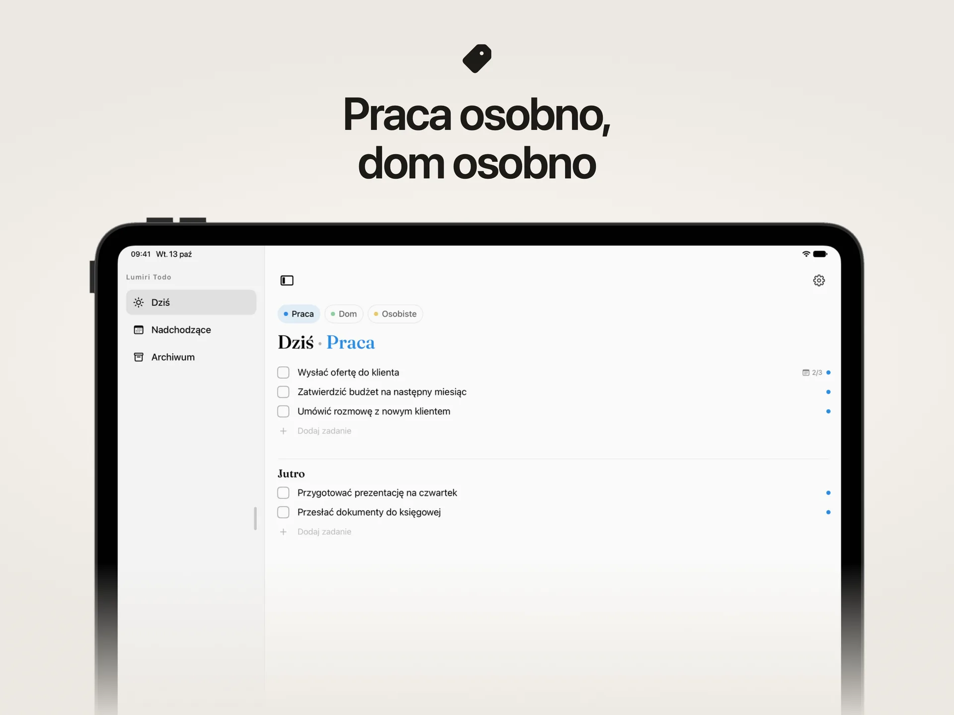 Lista Dziś w Lumiri Todo na iPadzie zawężona do kategorii Praca