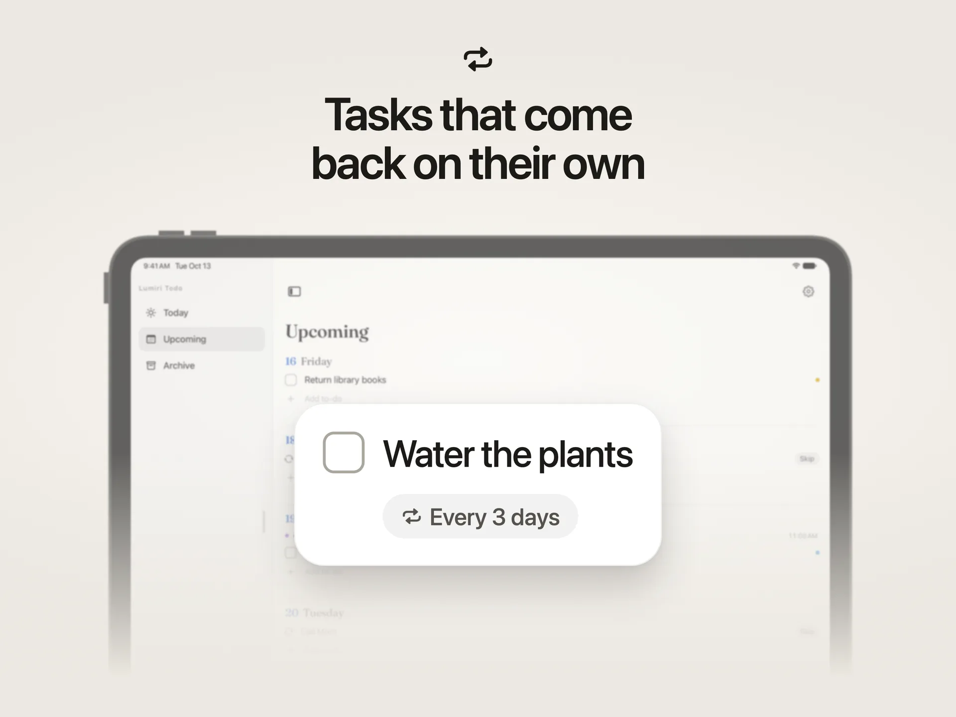 A repeating task in Lumiri Todo on an iPad, Water the plants, set to every 3 days with a reminder at 9:00 AM