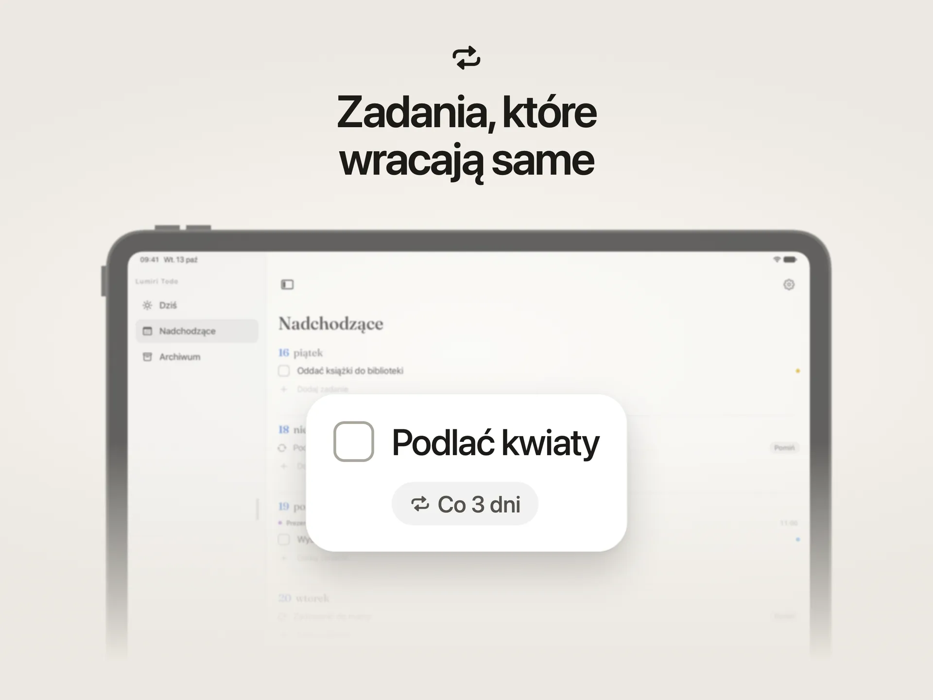 Powtarzane zadanie w Lumiri Todo na iPadzie, Podlać kwiaty, ustawione co 3 dni z przypomnieniem o 9:00