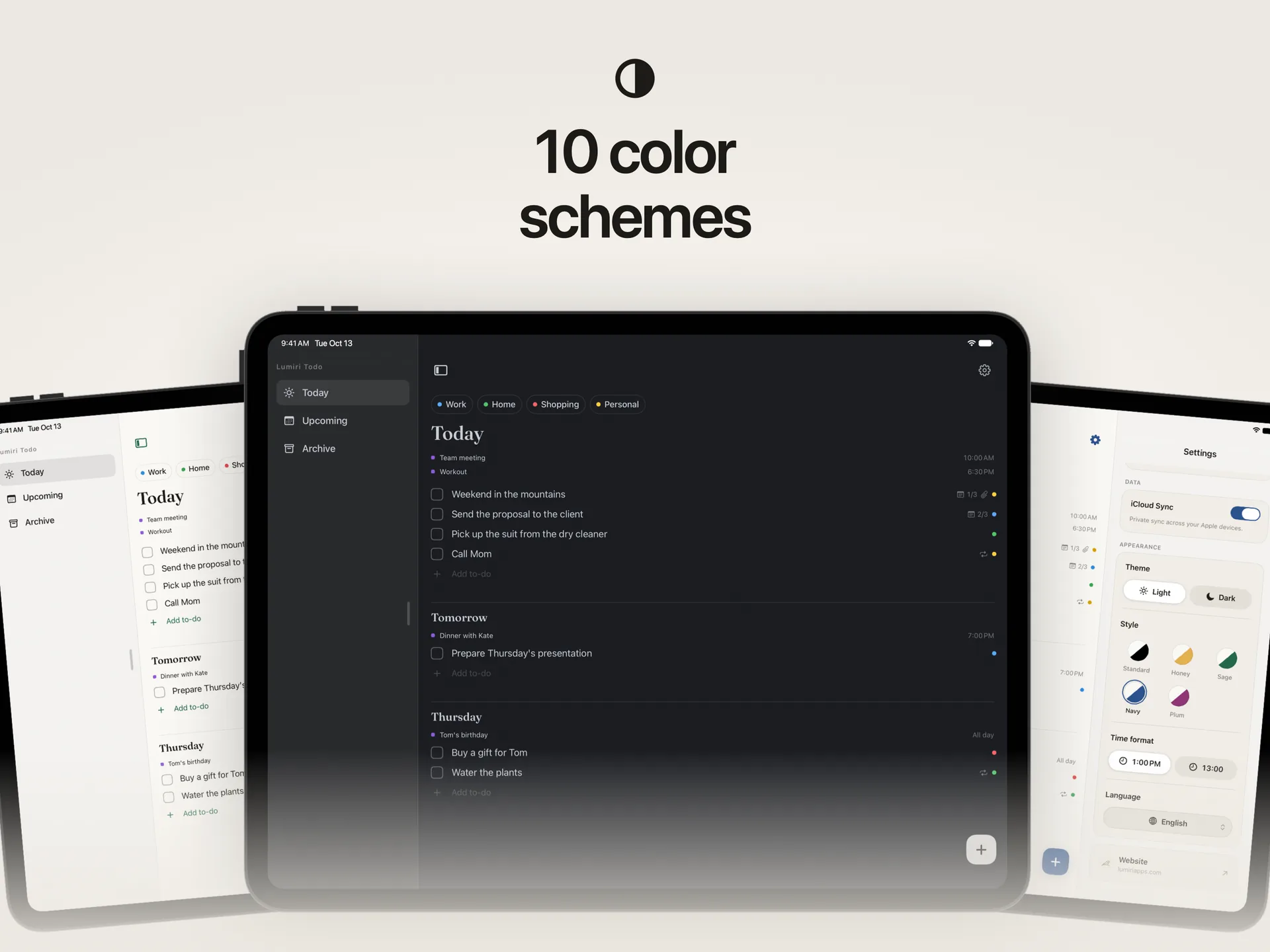 Lumiri Todo on an iPad in three of its ten styles, light and dark