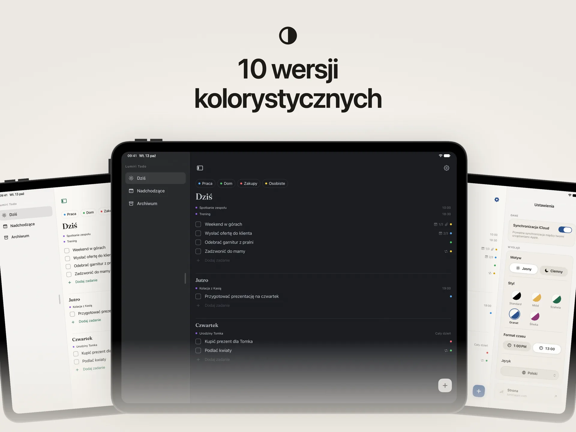 Lumiri Todo na iPadzie w trzech z dziesięciu stylów, jasnych i ciemnych