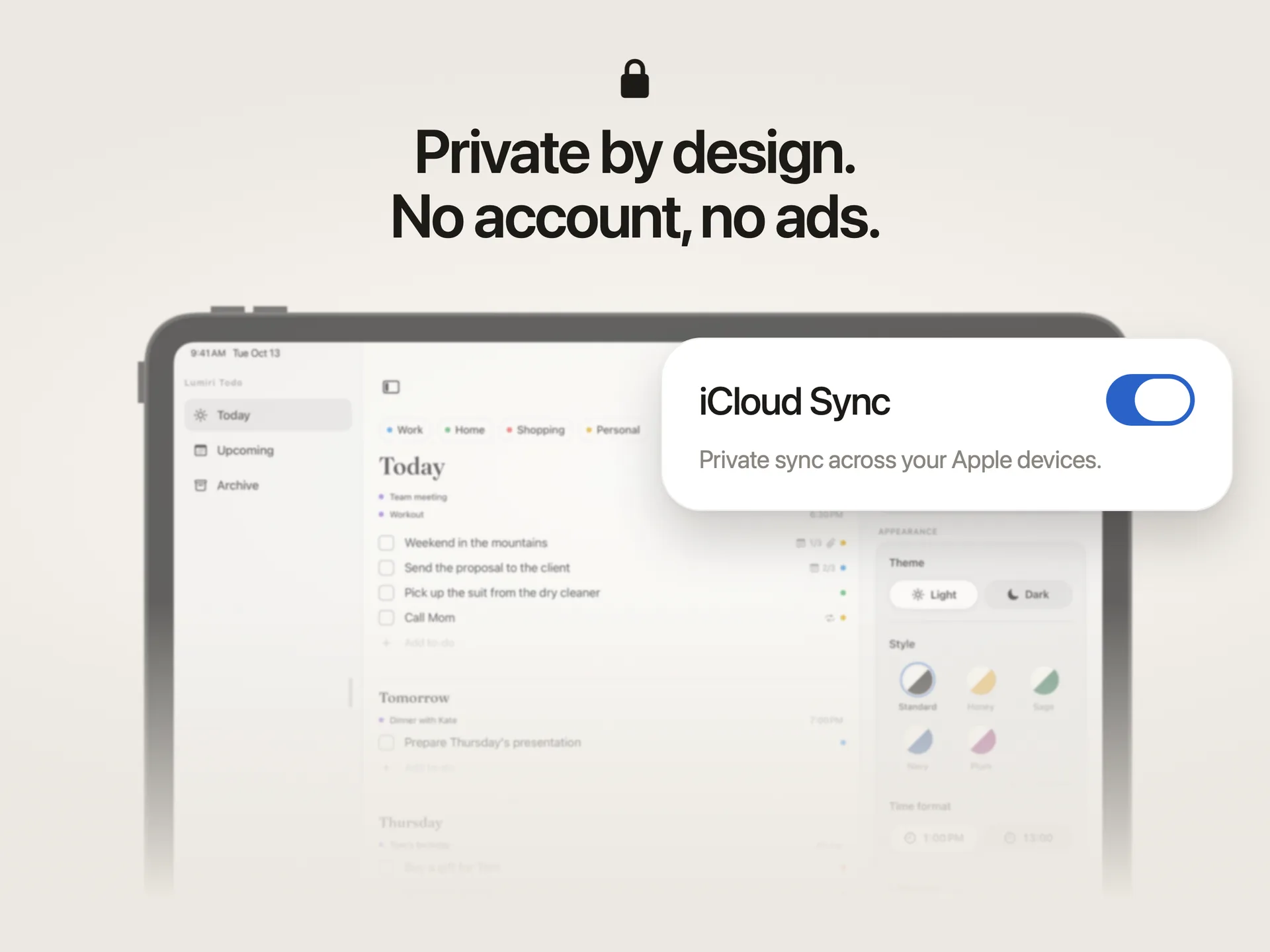 The iCloud Sync switch in Lumiri Todo’s settings on an iPad: private sync across your Apple devices