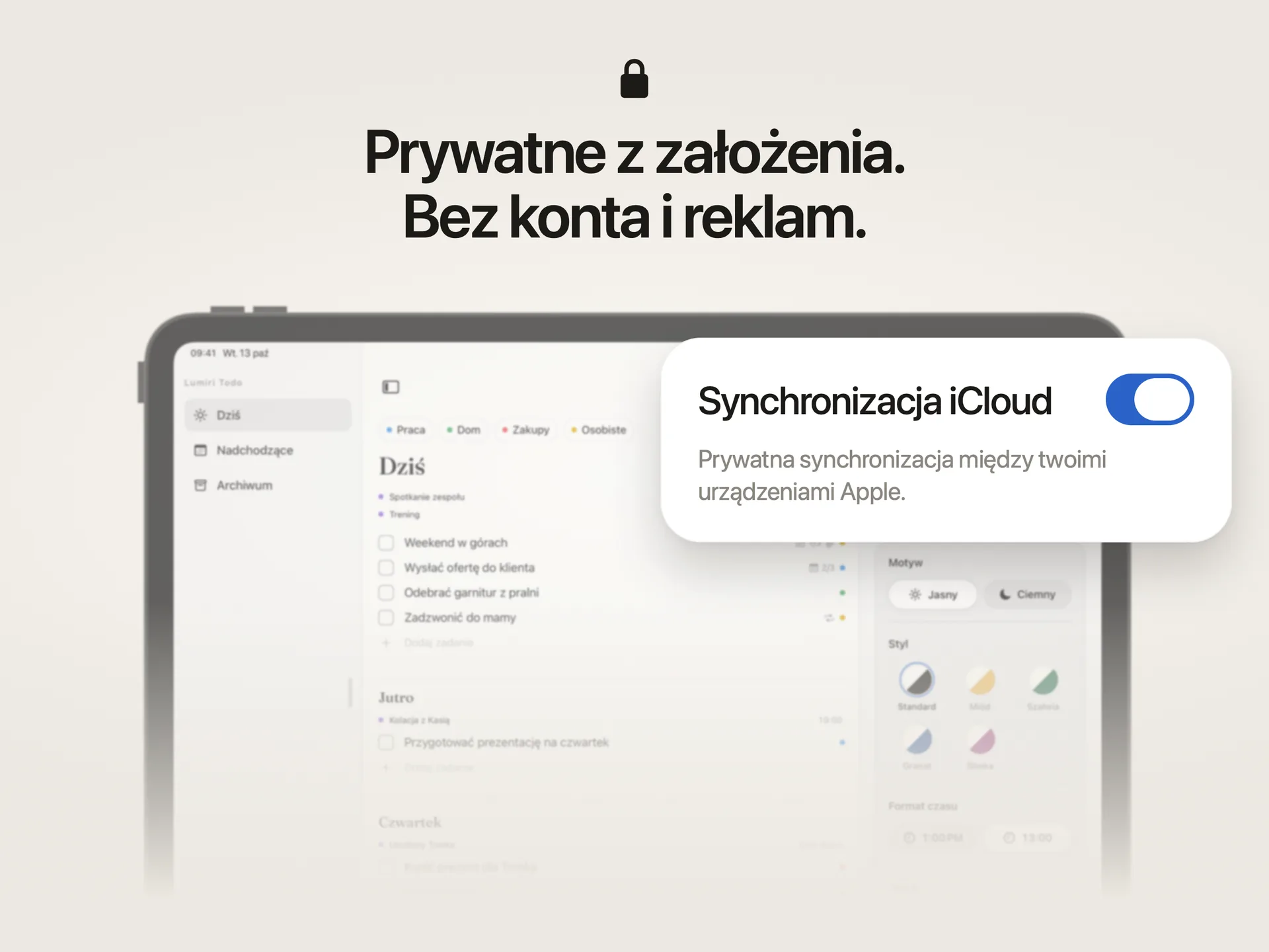 Przełącznik Synchronizacja iCloud w ustawieniach Lumiri Todo na iPadzie: prywatna synchronizacja między Twoimi urządzeniami Apple