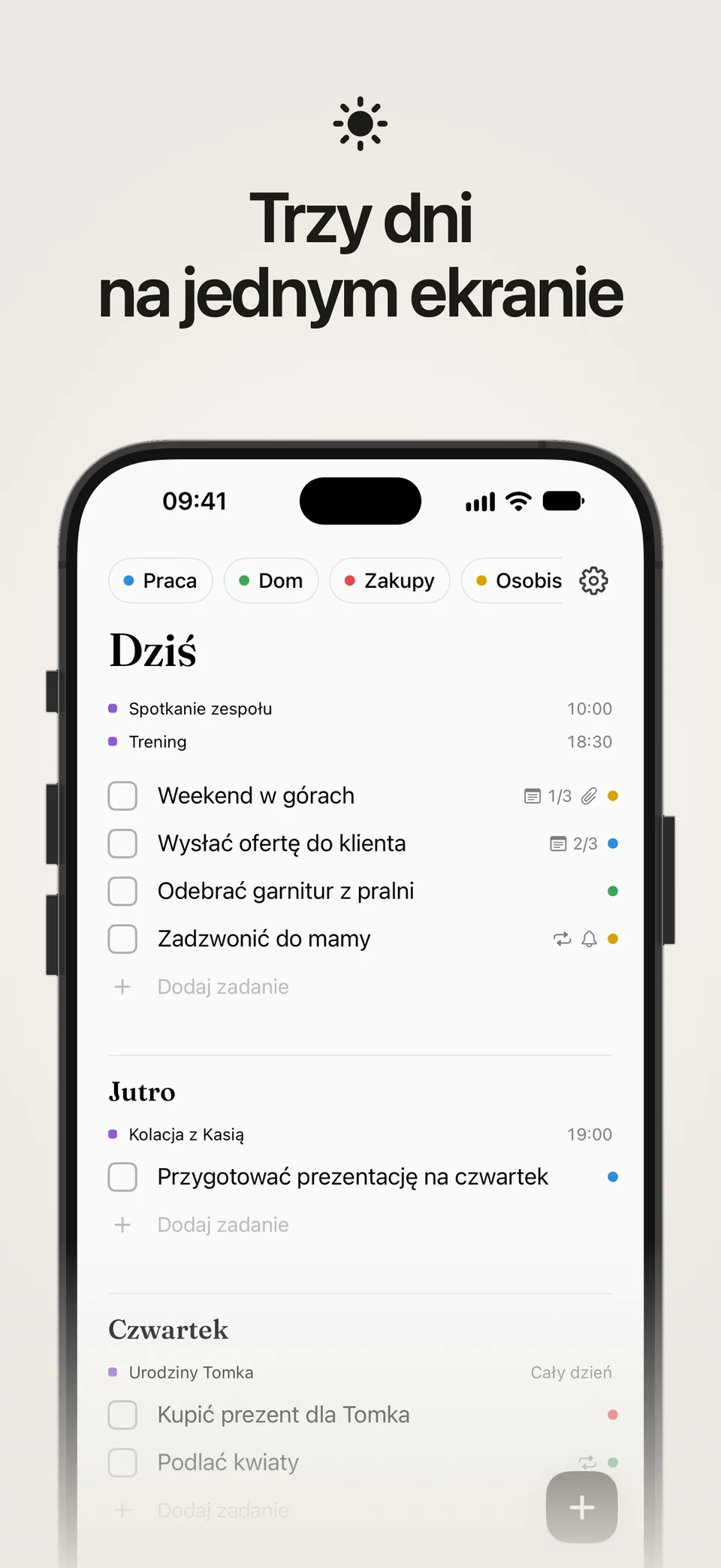 Lista Dziś w Lumiri Todo, z dzisiejszym dniem, jutrem i czwartkiem na jednym ekranie