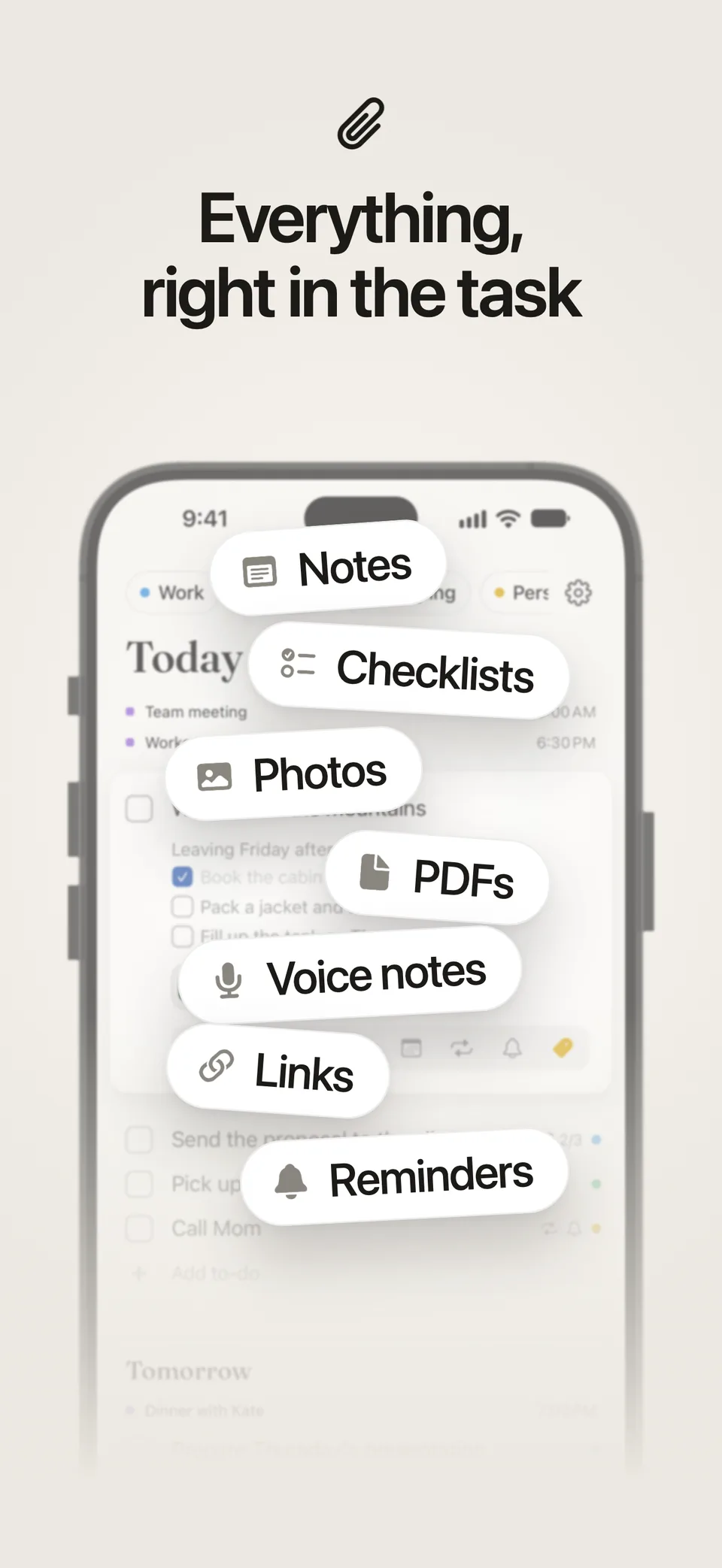 What a task in Lumiri Todo can hold: notes, checklists, photos, PDFs, voice notes, links and reminders