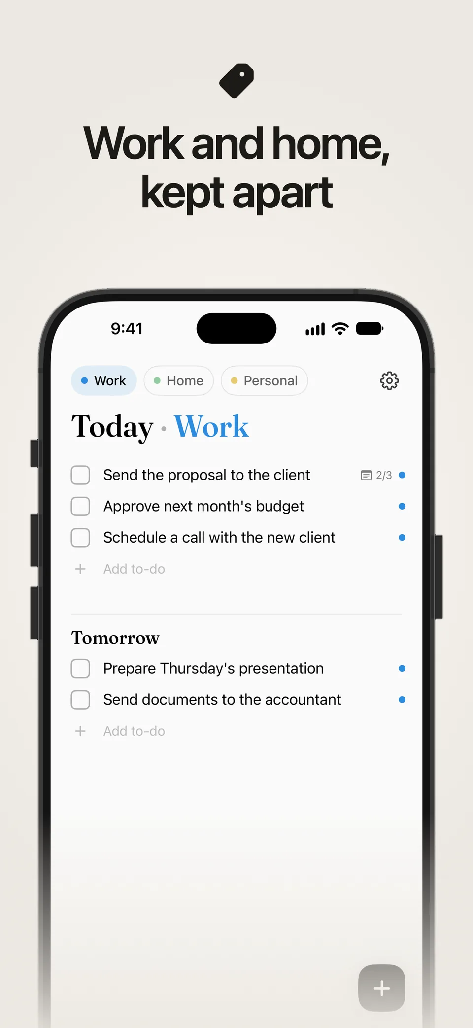 The Today list in Lumiri Todo narrowed to the Work category