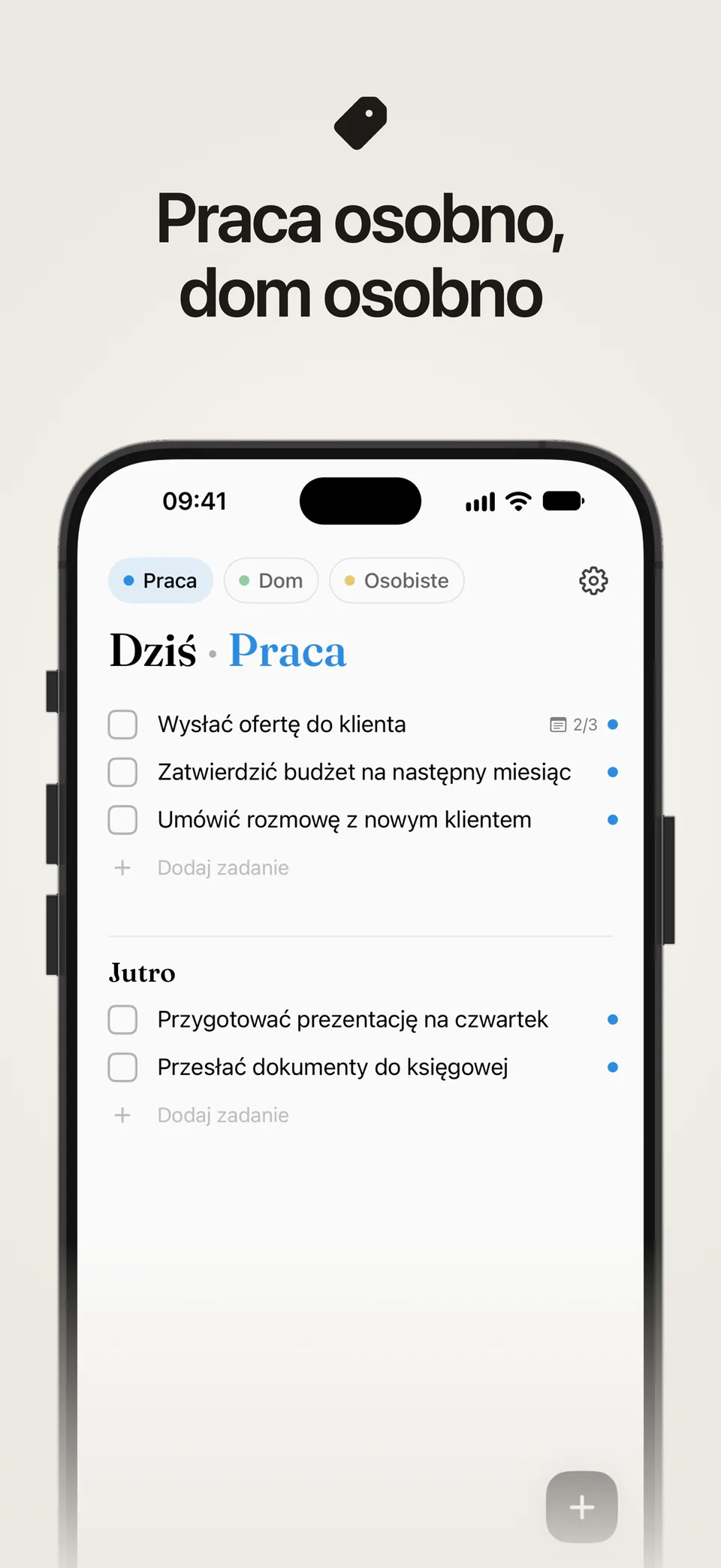 Lista Dziś w Lumiri Todo zawężona do kategorii Praca