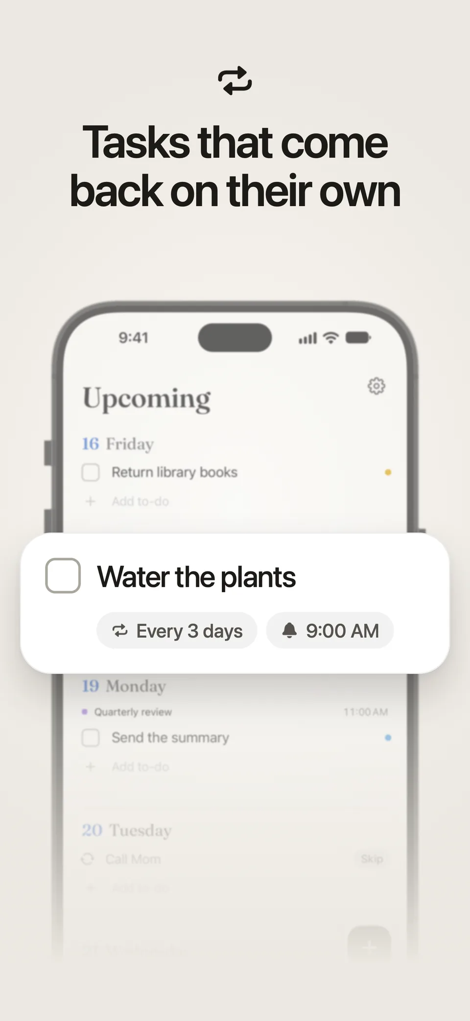A repeating task in Lumiri Todo, Water the plants, set to every 3 days with a reminder at 9:00 AM