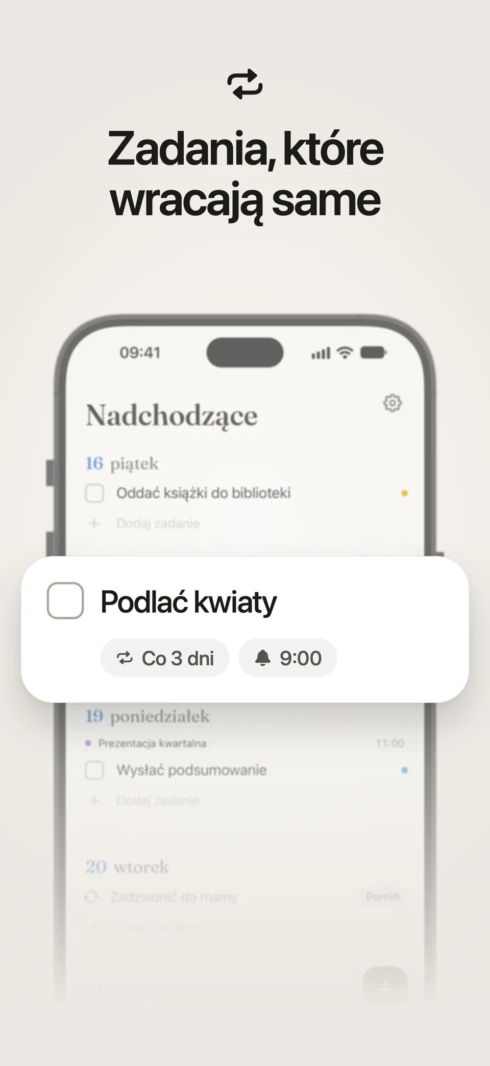Powtarzane zadanie w Lumiri Todo, Podlać kwiaty, ustawione co 3 dni z przypomnieniem o 9:00
