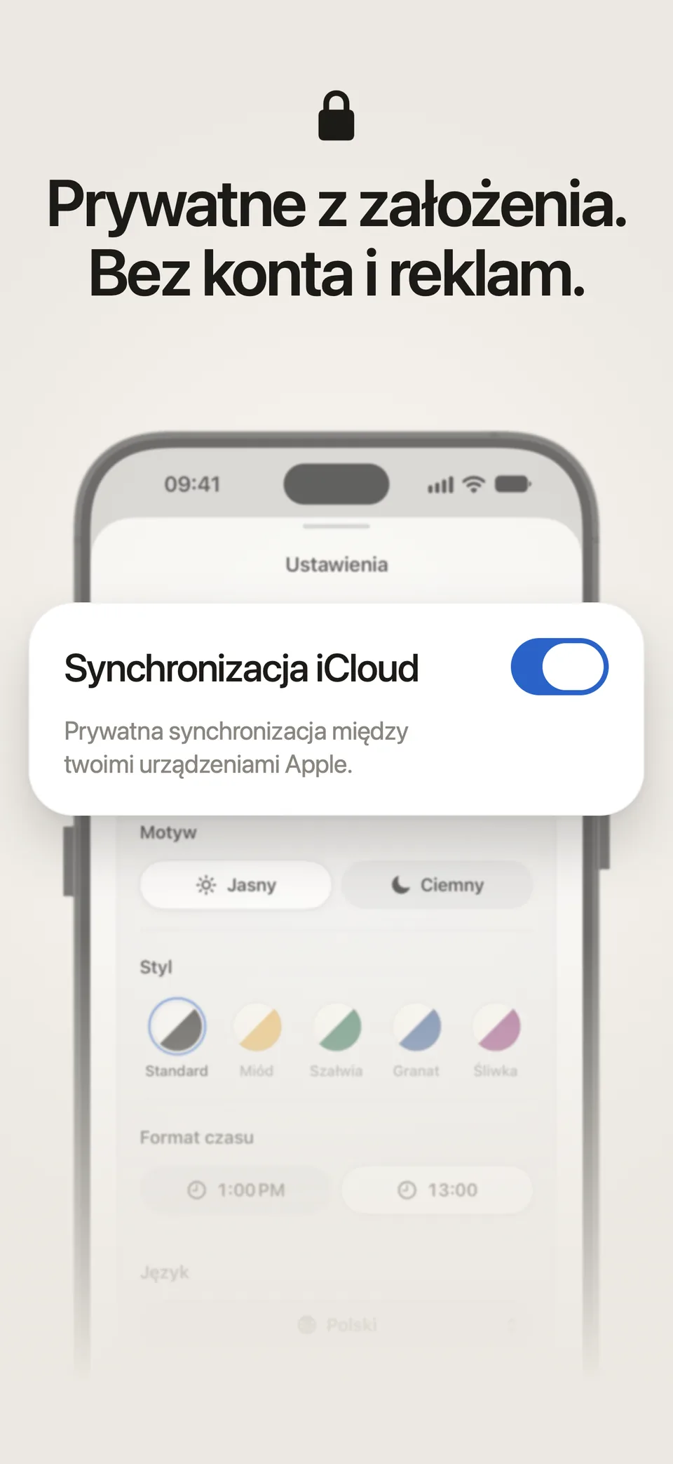 Przełącznik Synchronizacja iCloud w ustawieniach Lumiri Todo: prywatna synchronizacja między Twoimi urządzeniami Apple