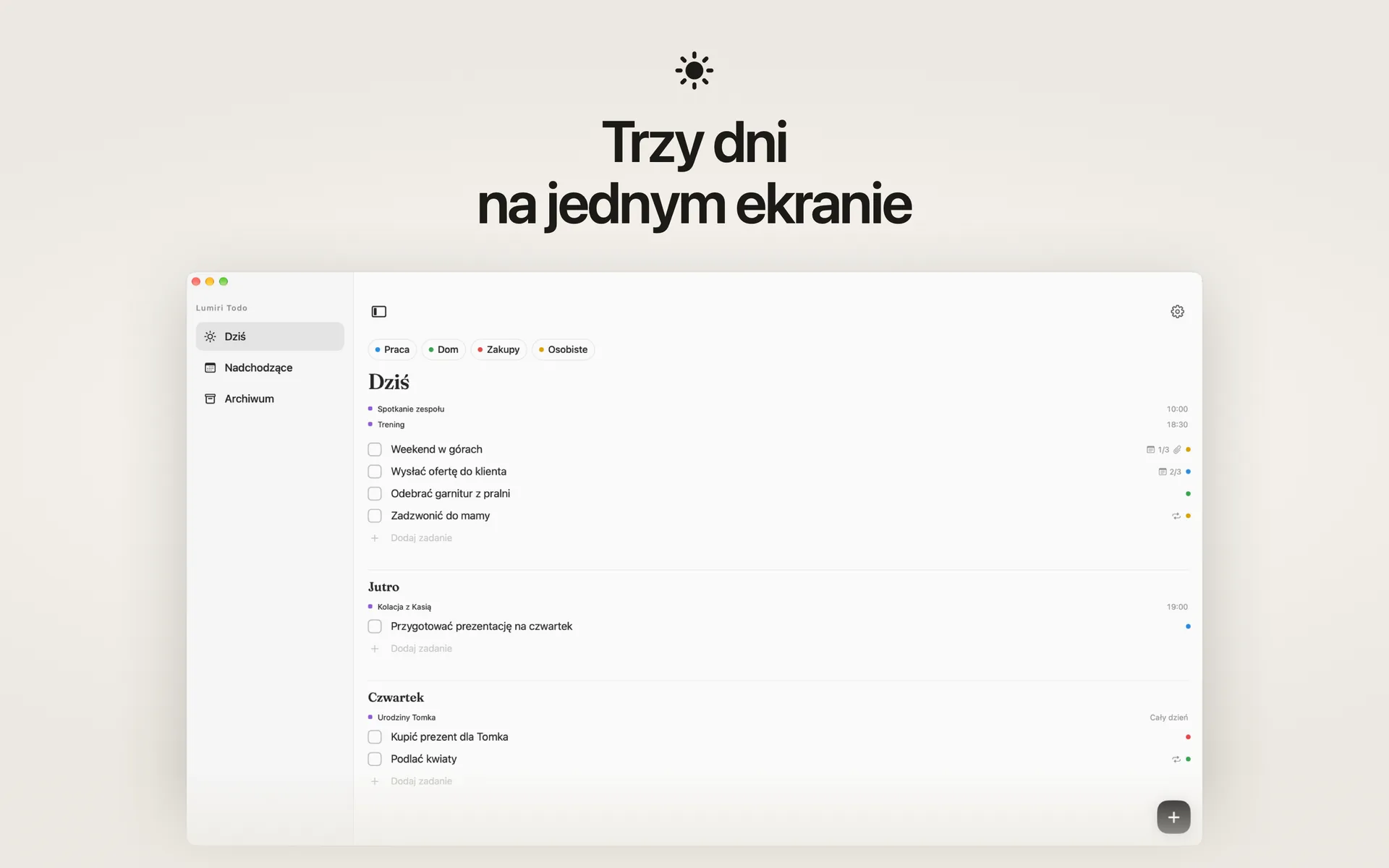 Lista Dziś w Lumiri Todo na Macu, z dzisiejszym dniem, jutrem i czwartkiem na jednym ekranie