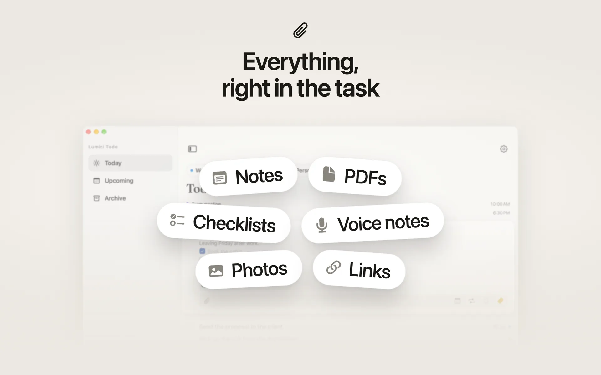 What a task in Lumiri Todo on a Mac can hold: notes, checklists, photos, PDFs, voice notes, links and reminders