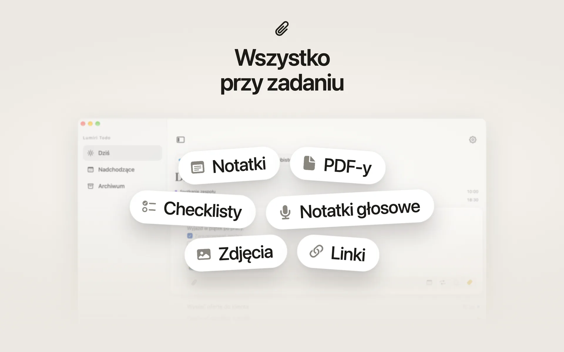 Co mieści zadanie w Lumiri Todo na Macu: notatki, checklisty, zdjęcia, PDF-y, notatki głosowe, linki i przypomnienia