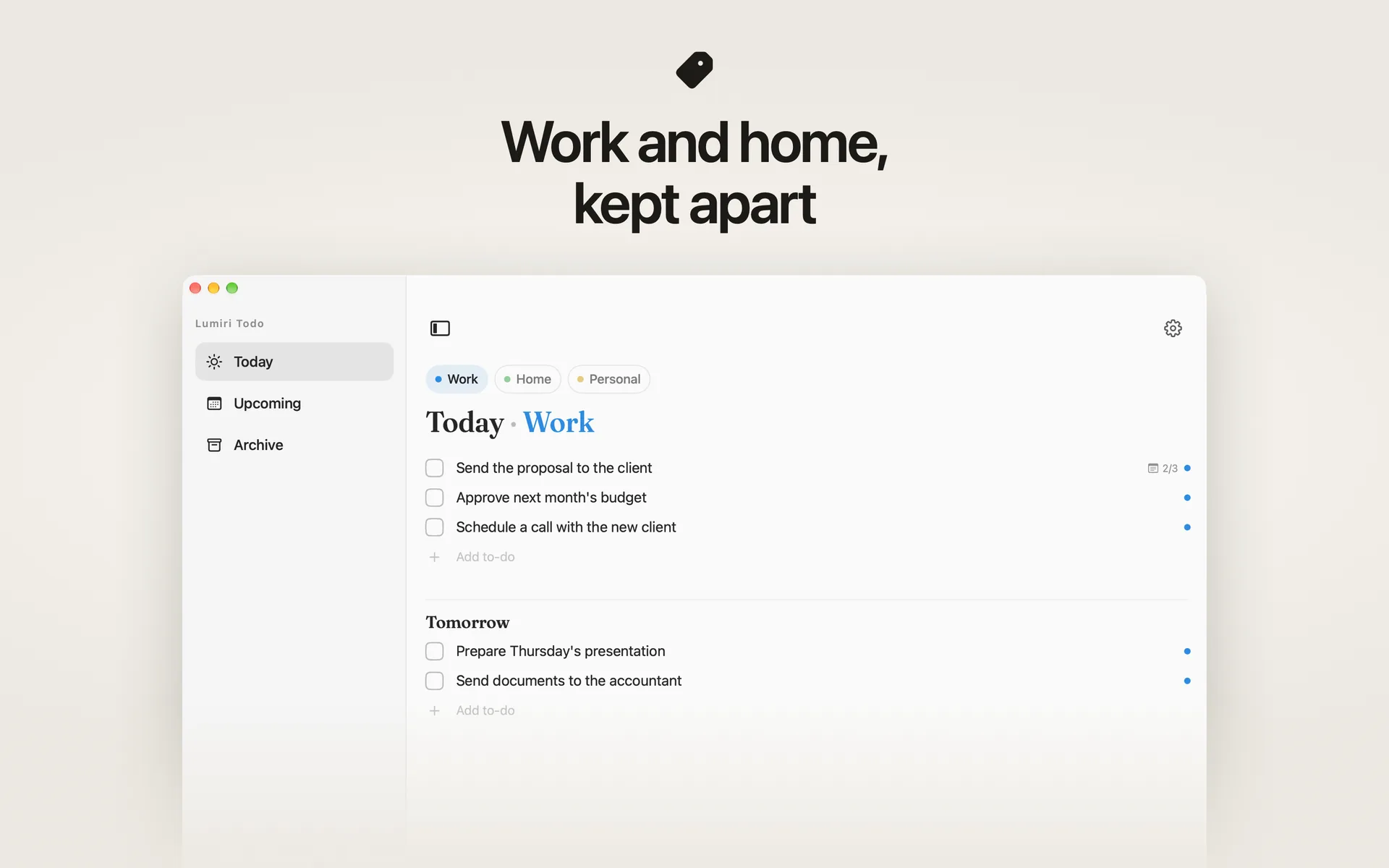 The Today list in Lumiri Todo on a Mac narrowed to the Work category