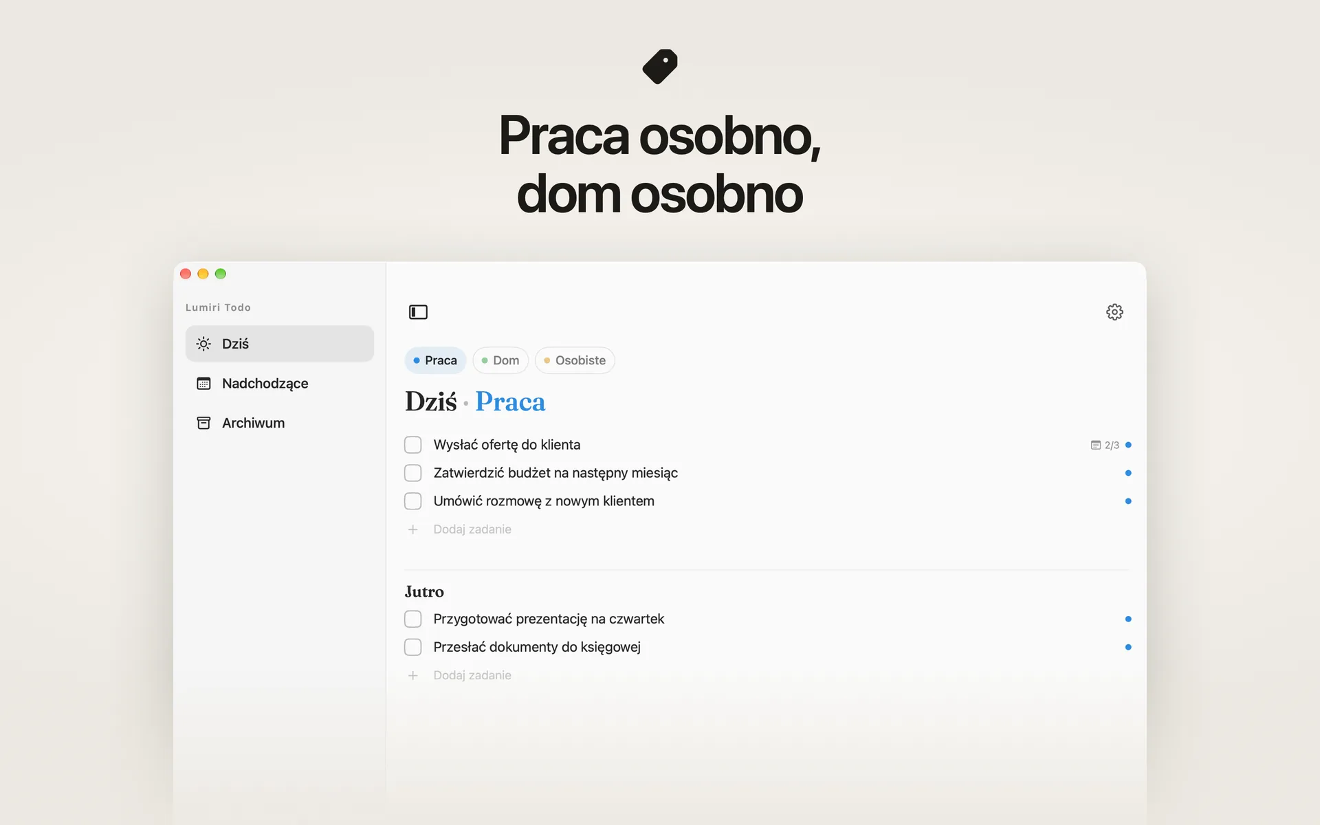 Lista Dziś w Lumiri Todo na Macu zawężona do kategorii Praca