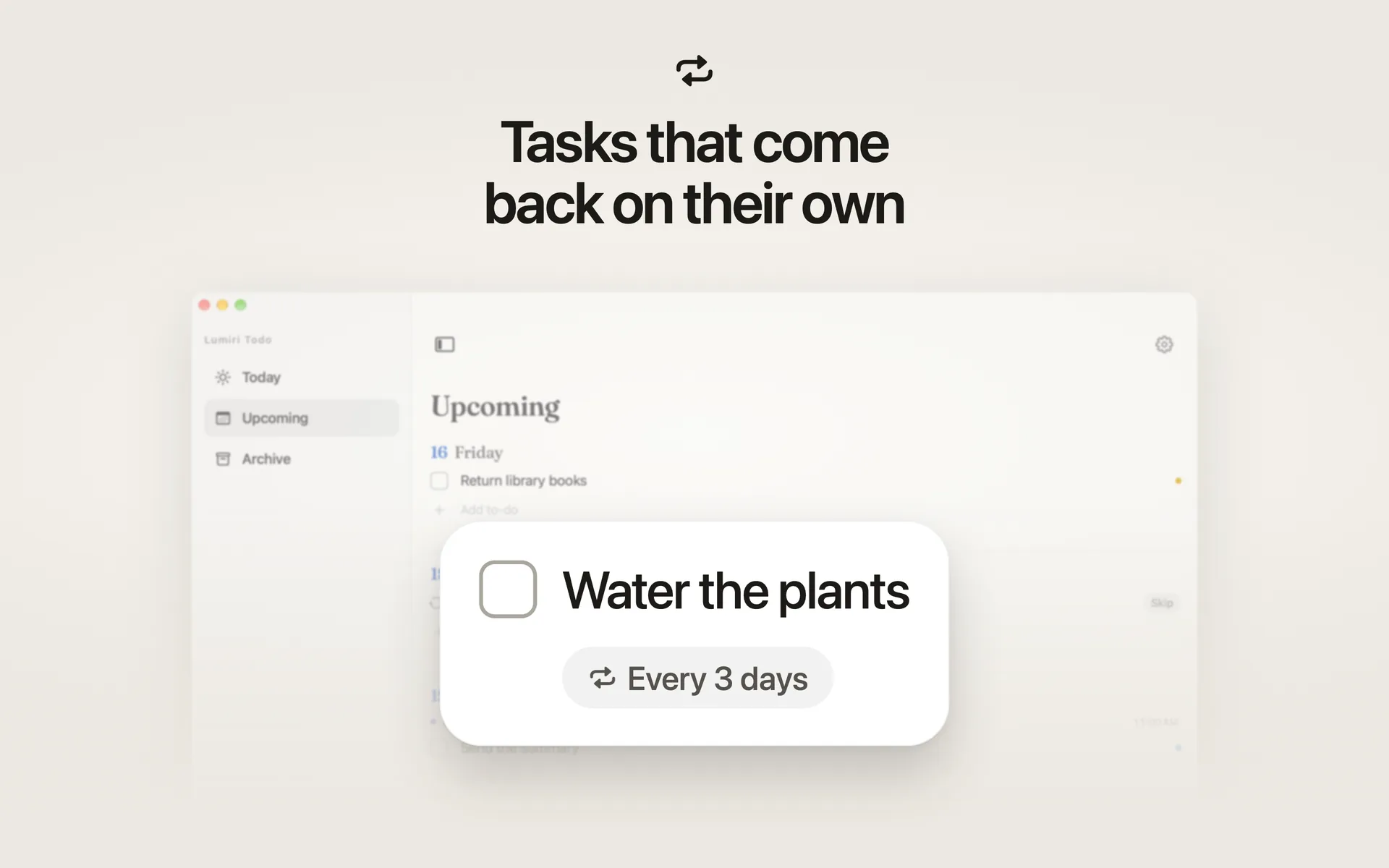A repeating task in Lumiri Todo on a Mac, Water the plants, set to every 3 days with a reminder at 9:00 AM