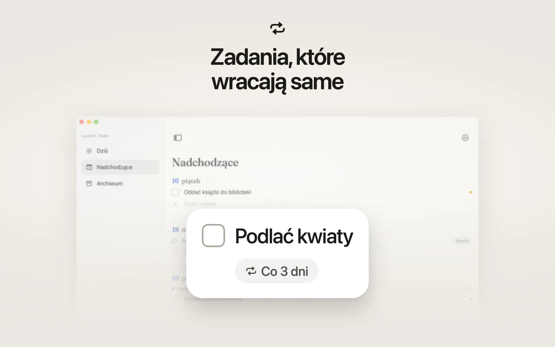 Powtarzane zadanie w Lumiri Todo na Macu, Podlać kwiaty, ustawione co 3 dni z przypomnieniem o 9:00