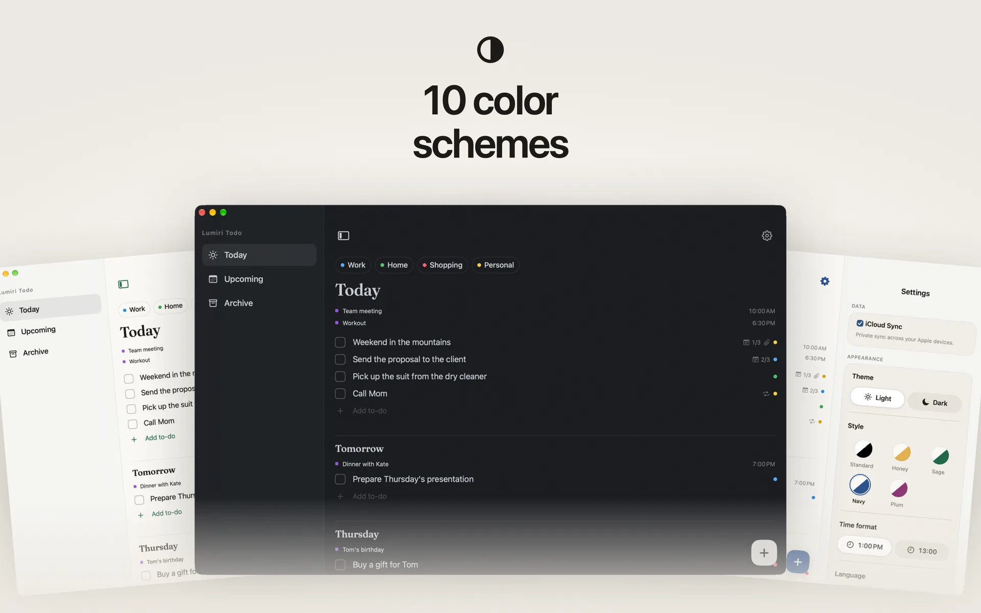 Lumiri Todo on a Mac in three of its ten styles, light and dark