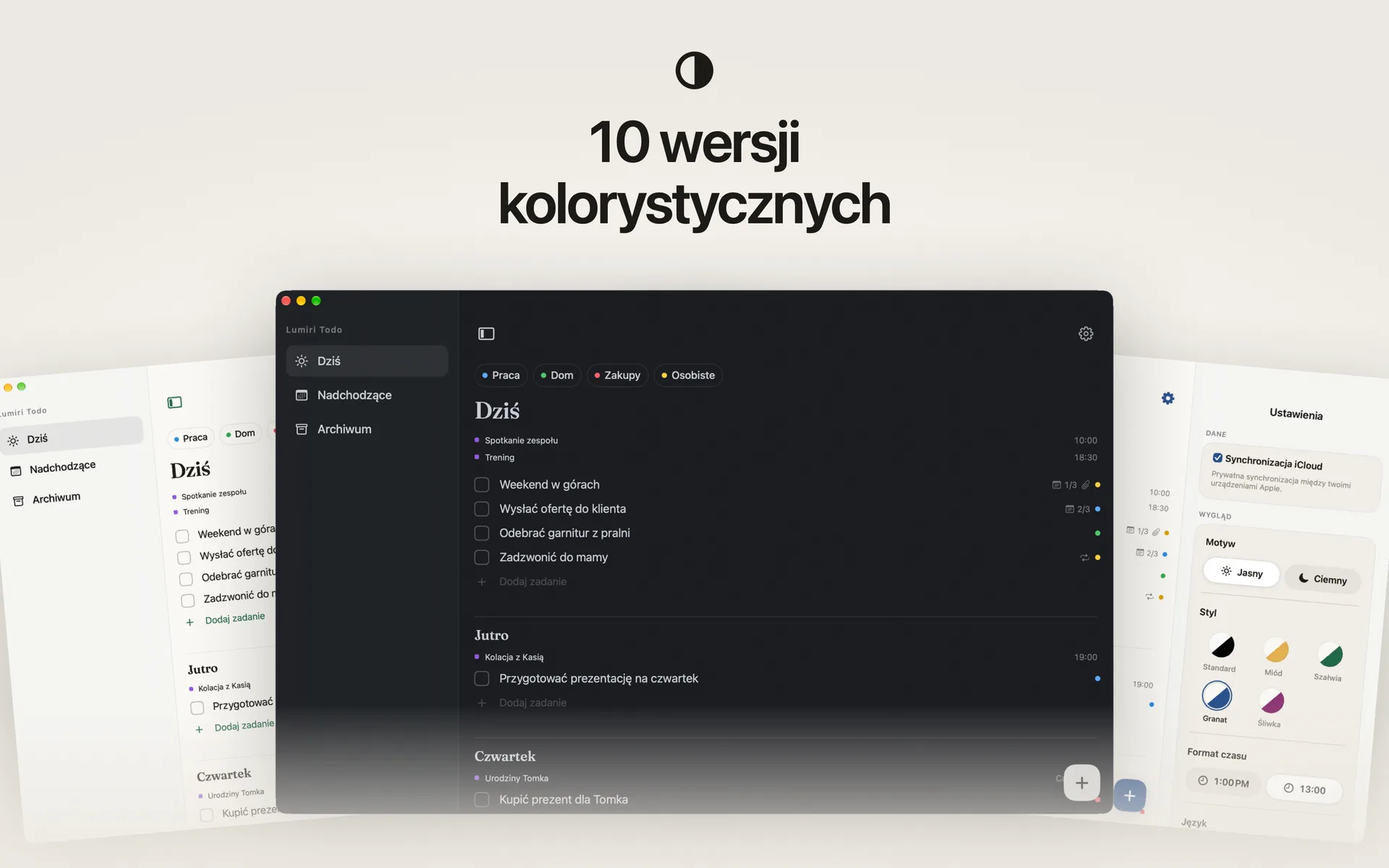 Lumiri Todo na Macu w trzech z dziesięciu stylów, jasnych i ciemnych