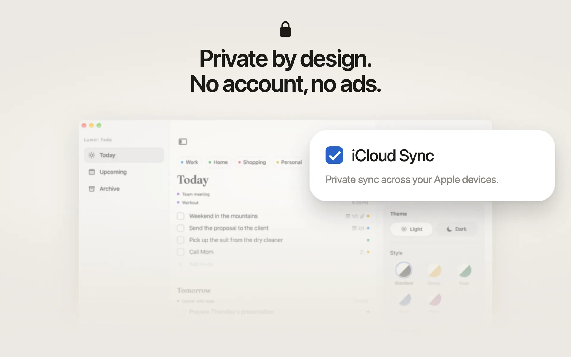 The iCloud Sync switch in Lumiri Todo’s settings on a Mac: private sync across your Apple devices