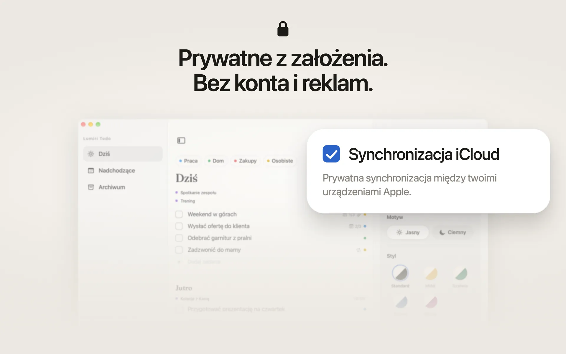 Przełącznik Synchronizacja iCloud w ustawieniach Lumiri Todo na Macu: prywatna synchronizacja między Twoimi urządzeniami Apple